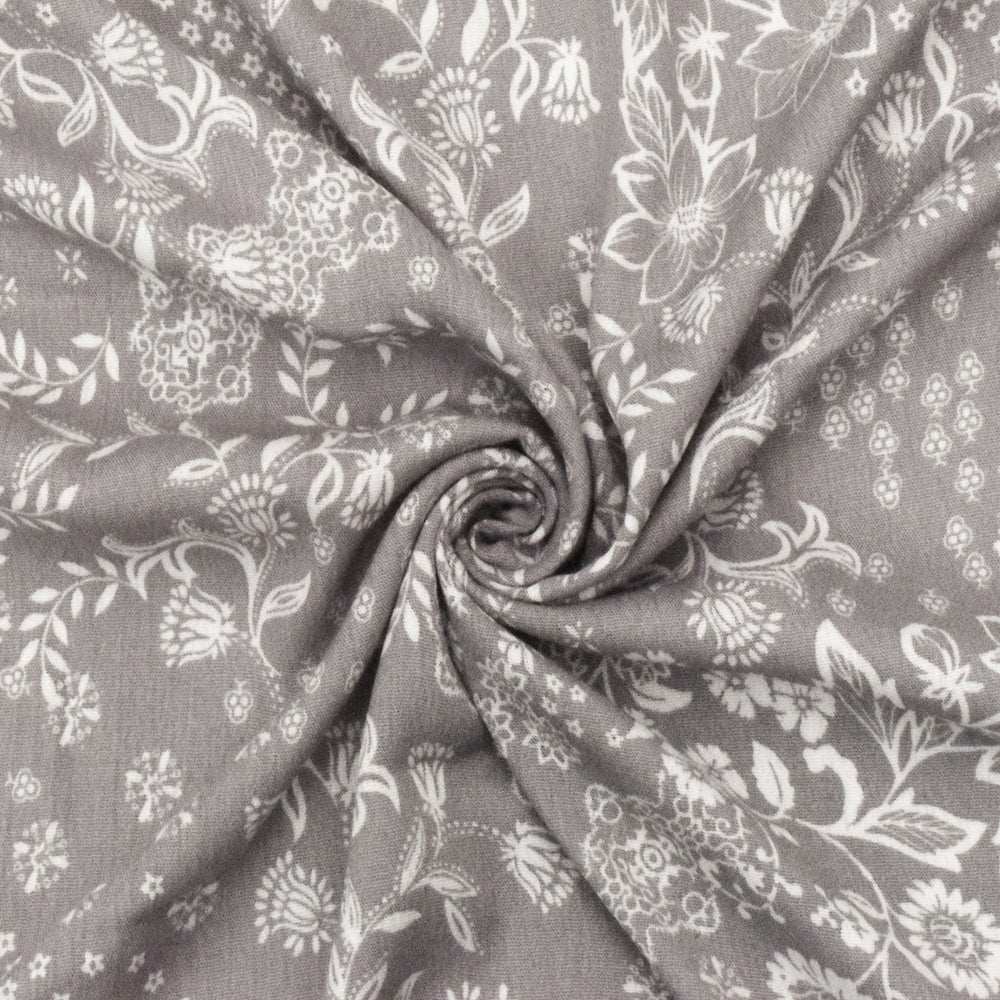 Space Gray-White Floral Printed Rayon Crepon Woven Fabric - Image 2