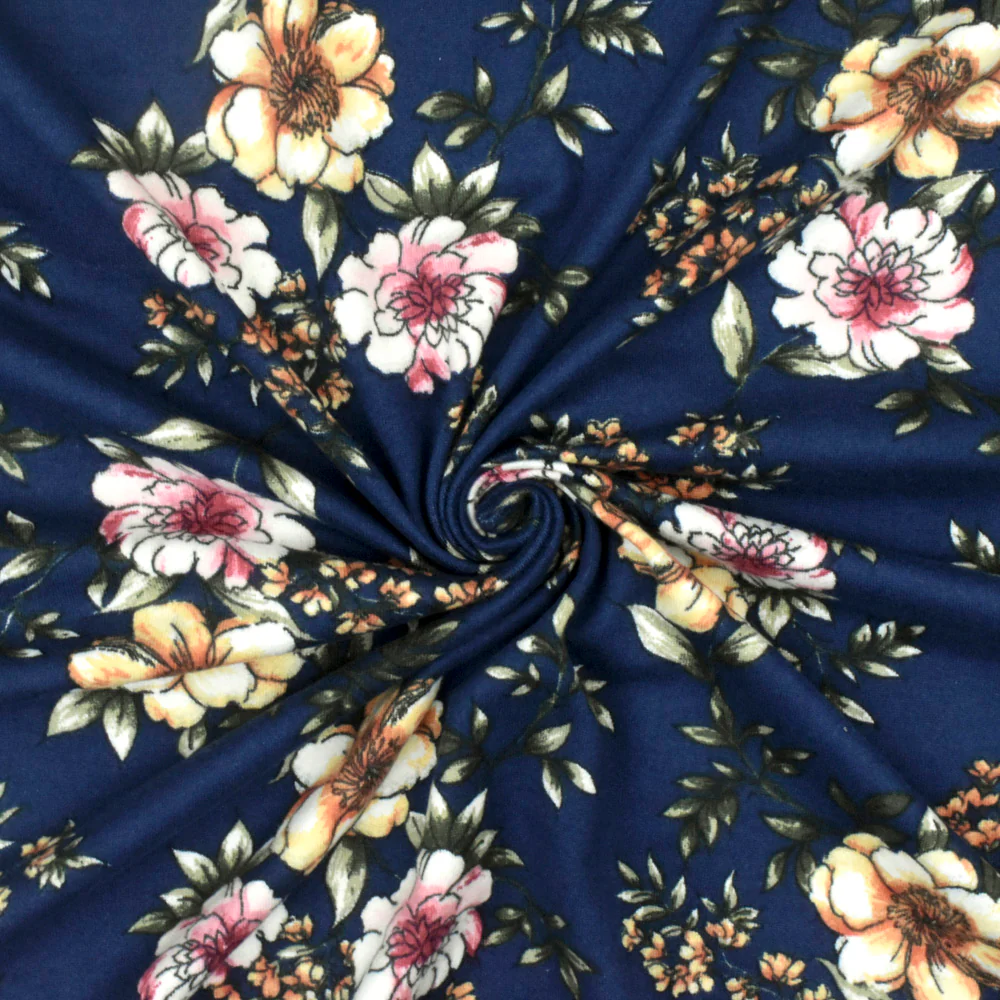 Stain Glass Blue-Multi Floral Printed Double Brushed Stretch ITY Knit Fabric - Image 2
