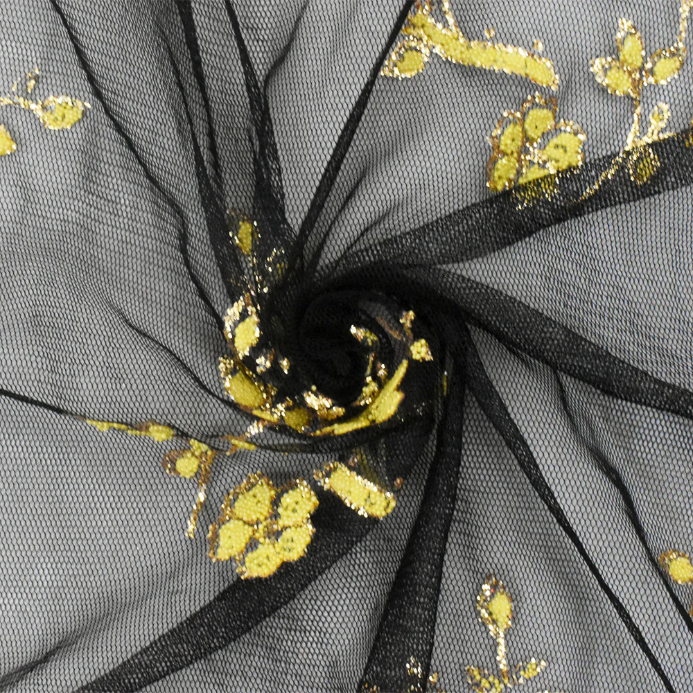 Star Gold-Black-Yellow Flora Sparkles and Bead Poly Mesh Knit Fabric - Image 2