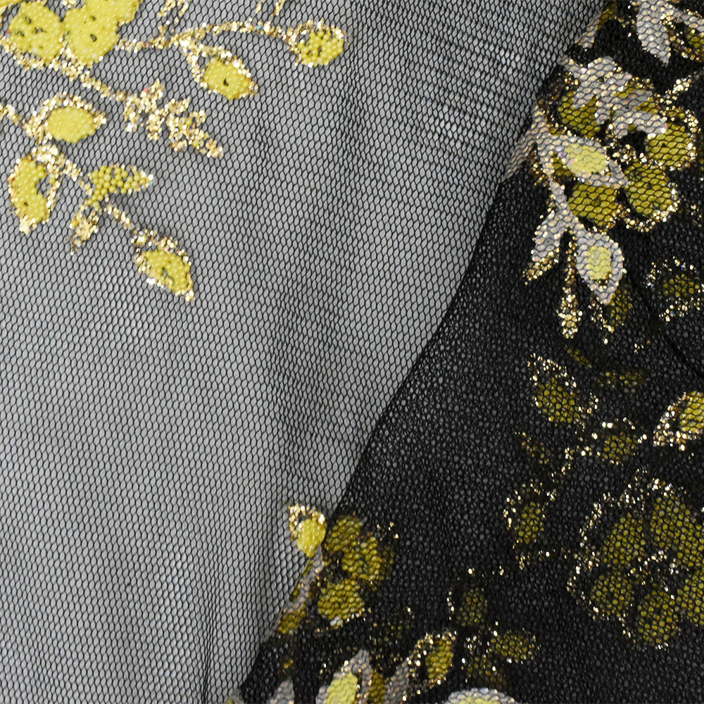 Star Gold-Black-Yellow Flora Sparkles and Bead Poly Mesh Knit Fabric - Image 3