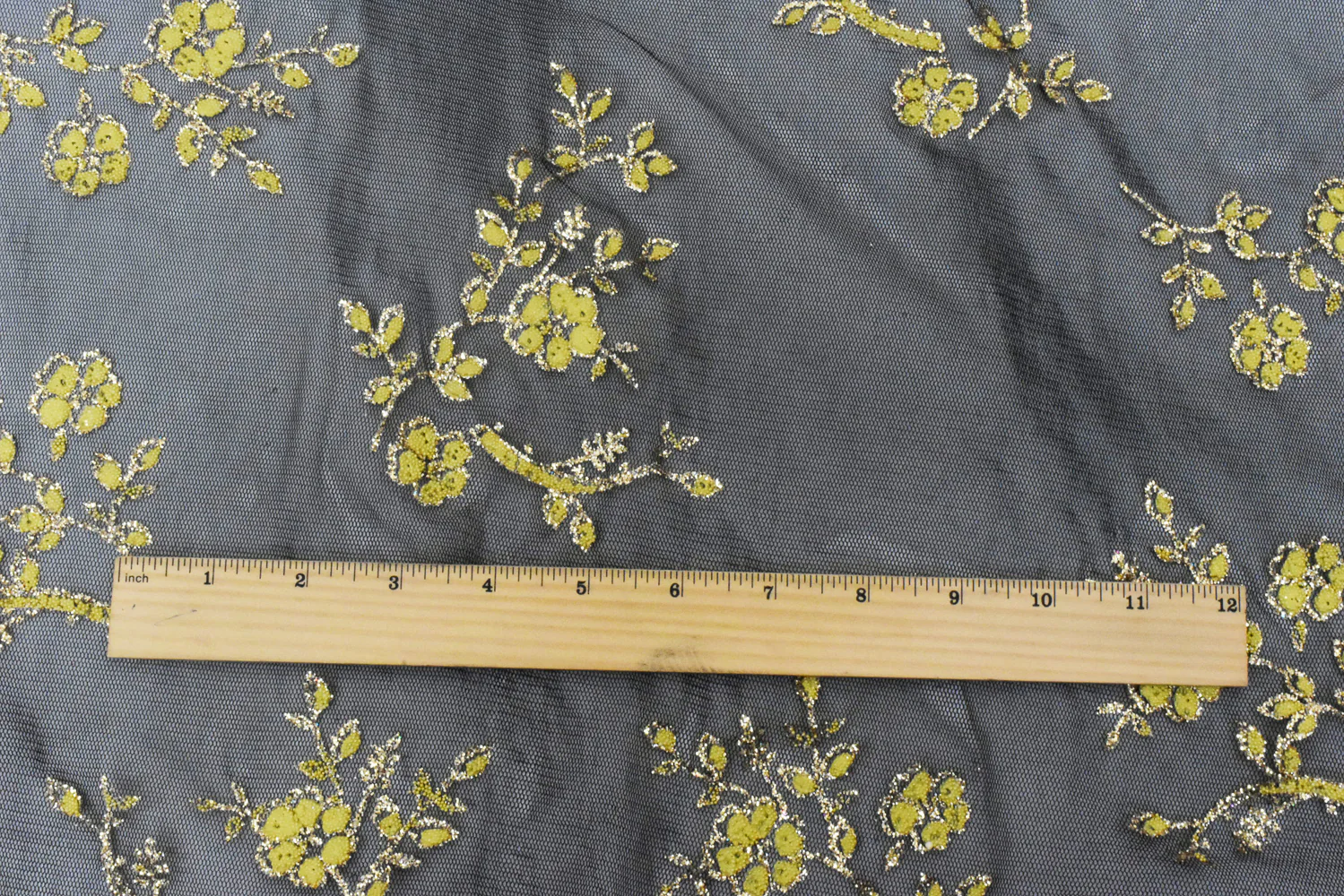 Star Gold-Black-Yellow Flora Sparkles and Bead Poly Mesh Knit Fabric - Image 4