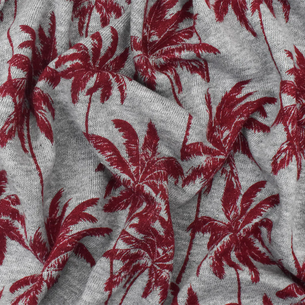 Static Gray-Red Palm Tree Printed Stretch French Terry Knit Fabric - Image 2