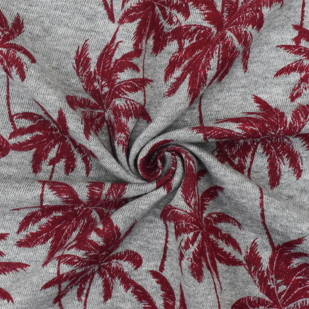 Static Gray-Red Palm Tree Printed Stretch French Terry Knit Fabric - Image 3