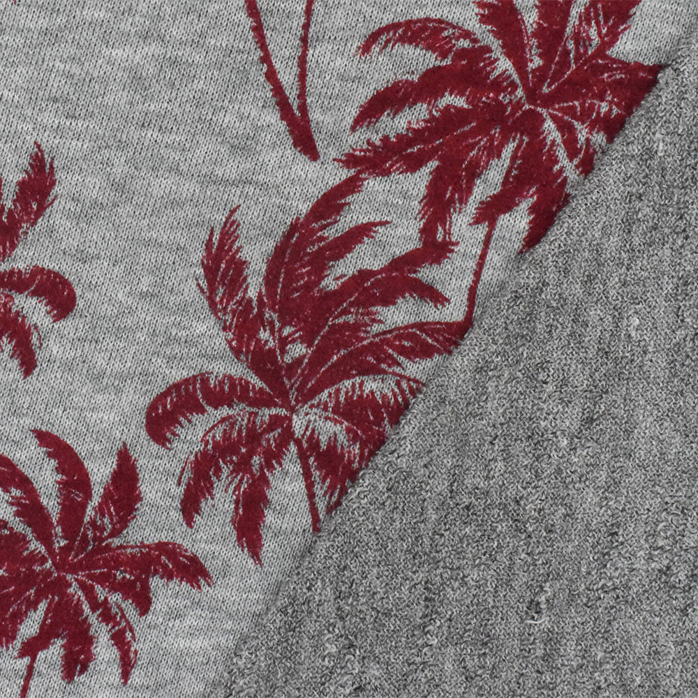 Static Gray-Red Palm Tree Printed Stretch French Terry Knit Fabric - Image 4