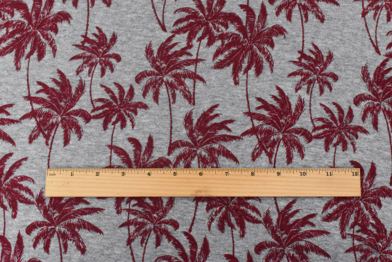 Static Gray-Red Palm Tree Printed Stretch French Terry Knit Fabric - Image 5