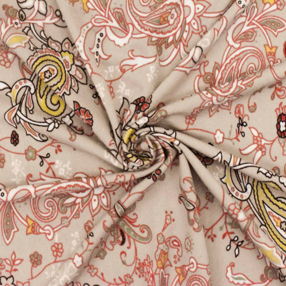 Sugar Beige-Orange-Multi Paisley Printed Stretch Polyester ITY Knit Fabric - Image 2