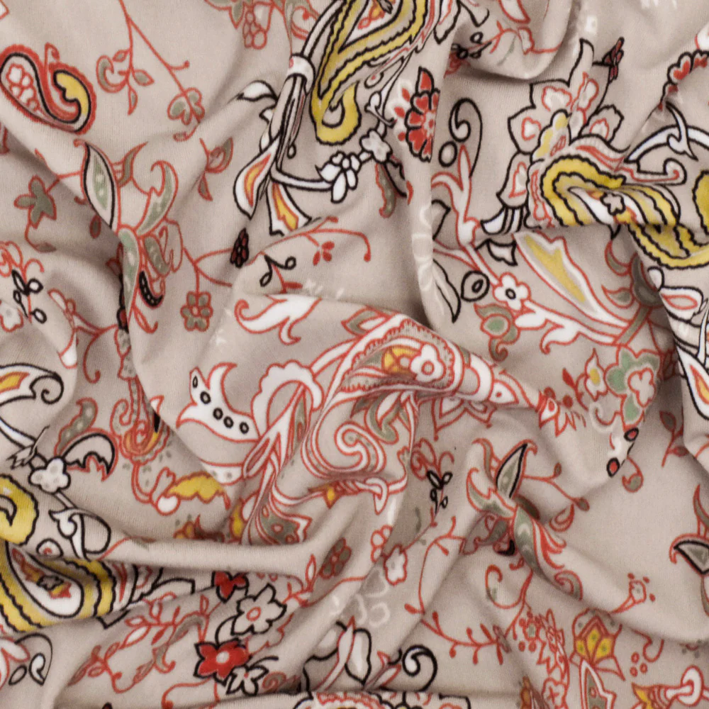Sugar Beige-Orange-Multi Paisley Printed Stretch Polyester ITY Knit Fabric - Image 3