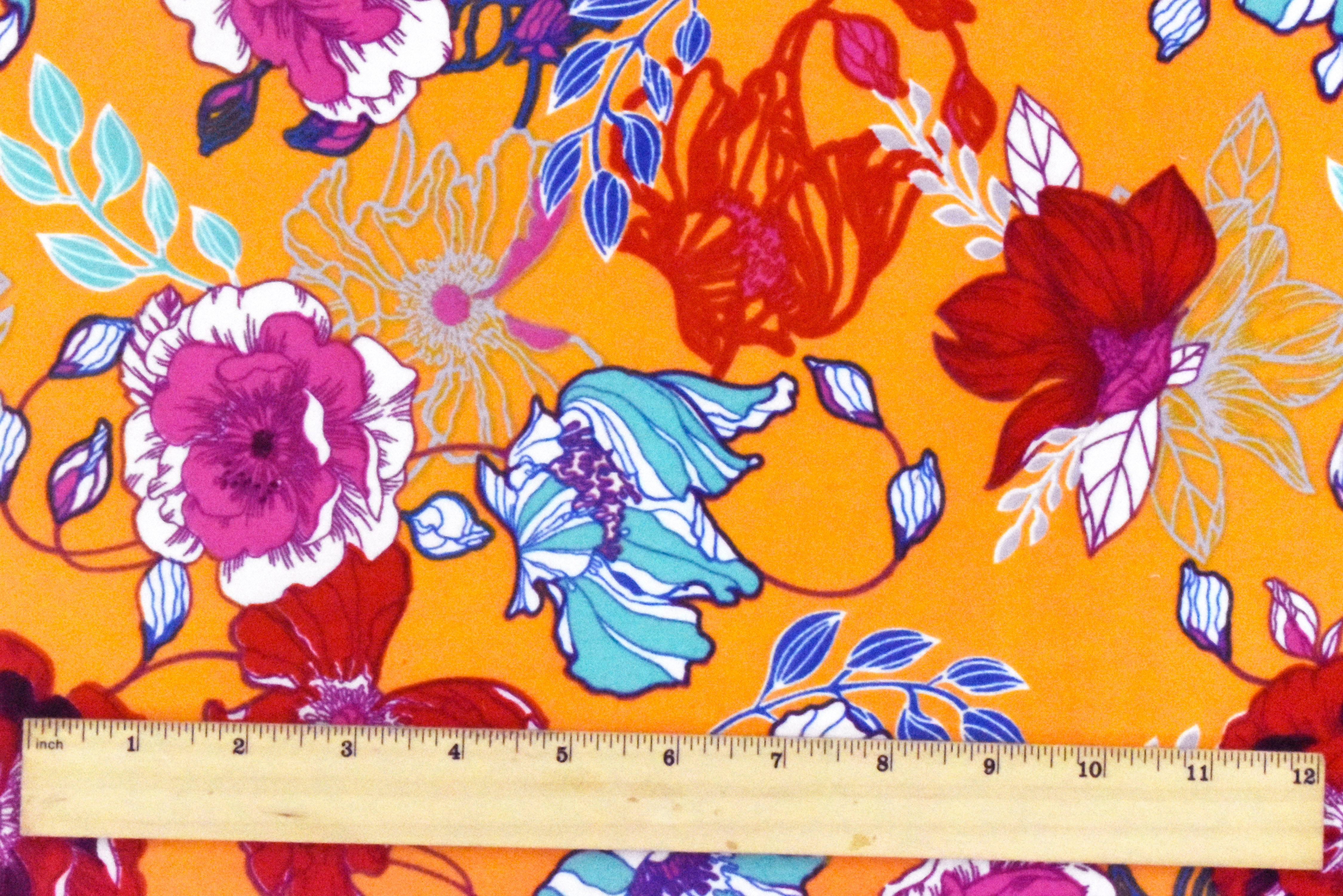 Sun Orange-Multi Floral Printed Stretch Double Brushed Jersey Knit Fabric - Image 4