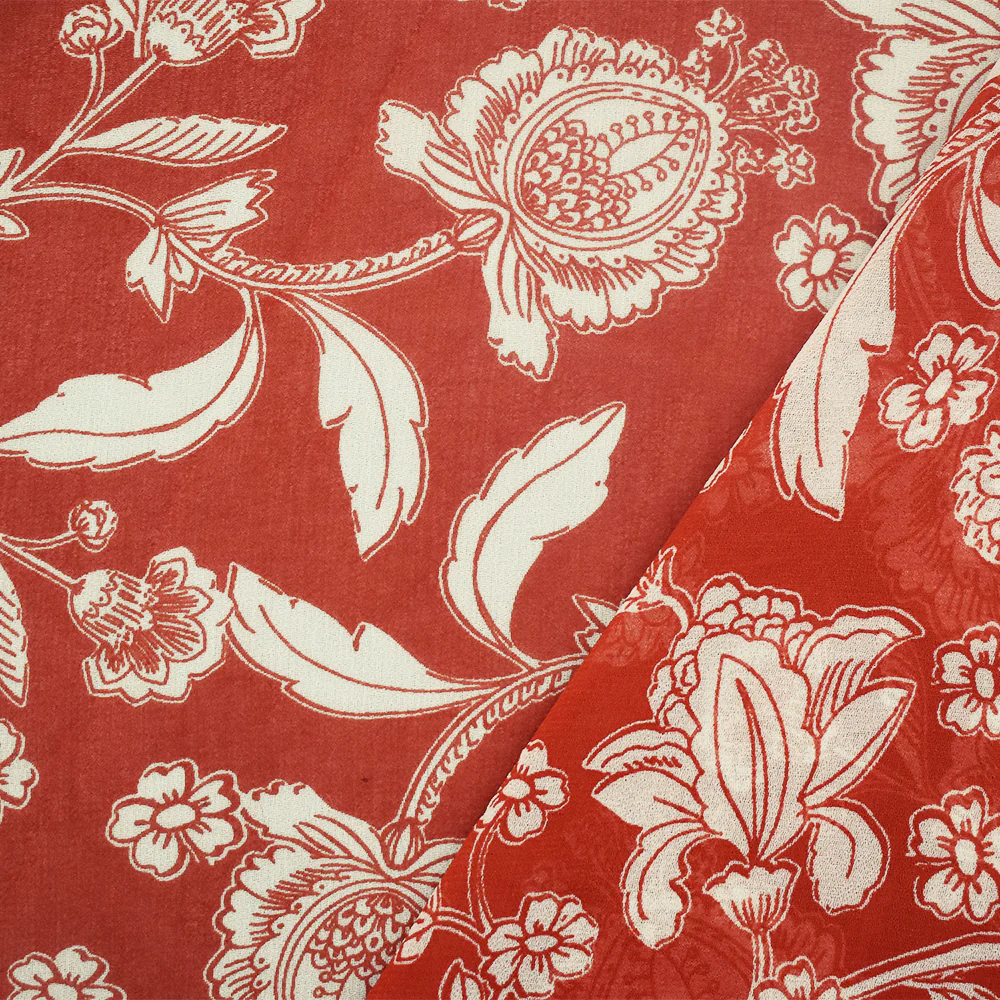 Sunset Orange-Ivory Floral Printed Poly Chiffon Woven Fabric - Image 2
