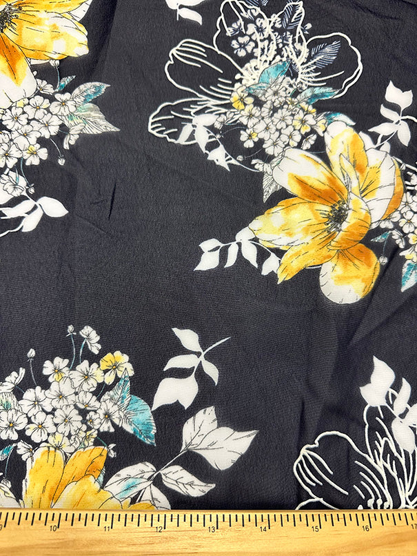 Teal and Yellow Flocked Floral Poly Chiffon Fabric - Image 2