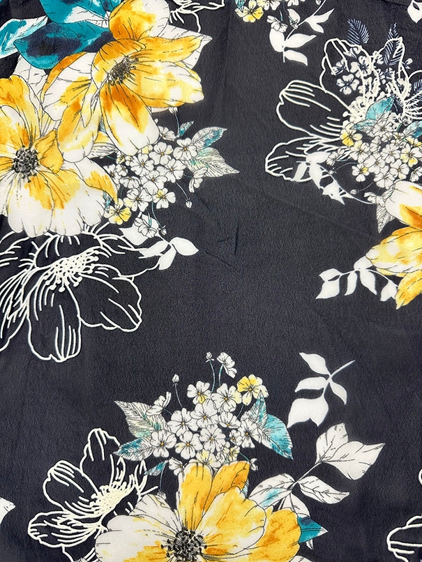 Teal and Yellow Flocked Floral Poly Chiffon Fabric - Image 3