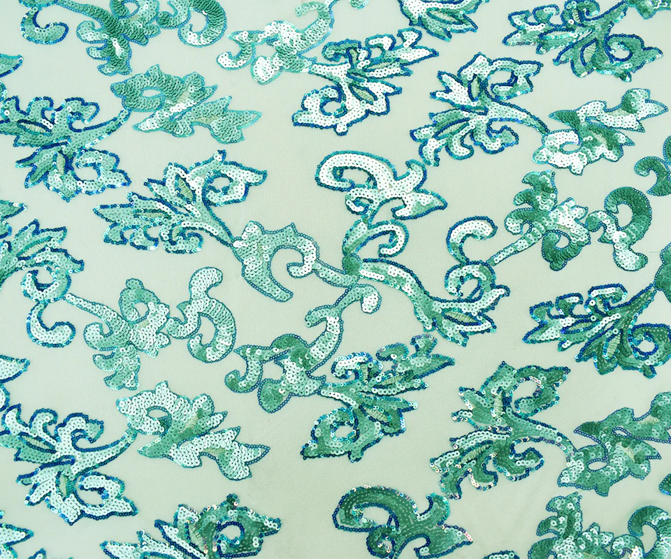 Teal-Blue Nylon Baroque Vine Sequined Stretch Spandex Tulle Mesh Fabric - Image 3