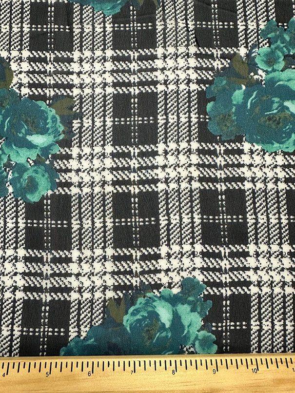 Teal Floral Plaid Print Poly Chiffon Fabric - Image 3