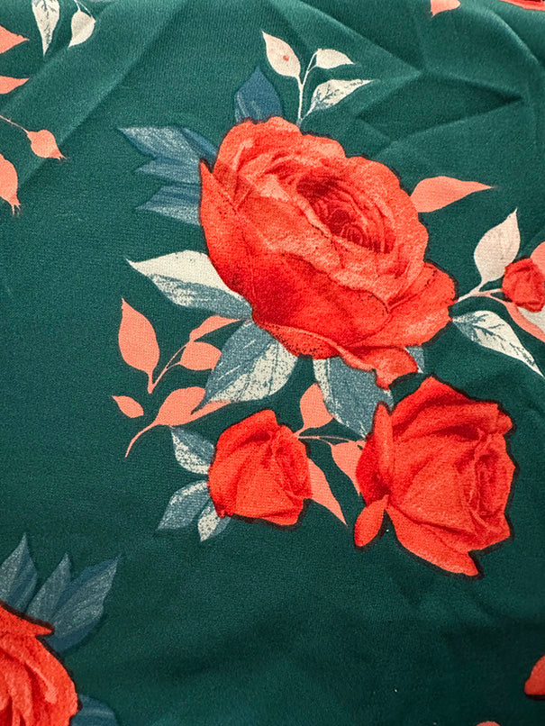 Teal Floral Rose Print Techno Scuba Knit Fabric - Image 2