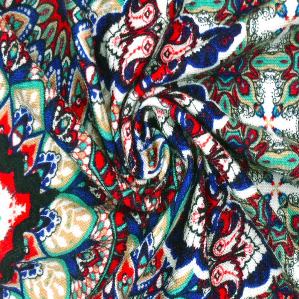 Teal-Multi Chevron Moroccan Print Stretch Rayon Stretch Jersey Knit Fabric - Image 2