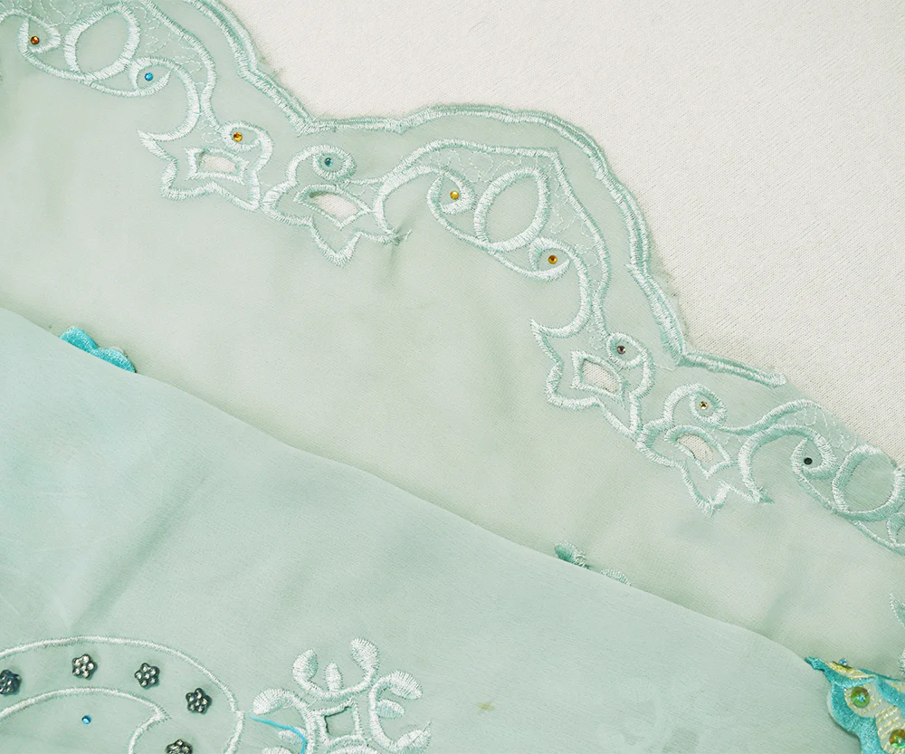 Teal-Multi Poly Embroidered Floral Beaded Rhinestone Scallop Chiffon Fabric - Image 3