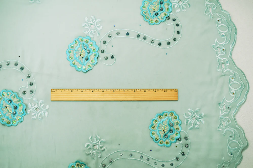 Teal-Multi Poly Embroidered Floral Beaded Rhinestone Scallop Chiffon Fabric - Image 5