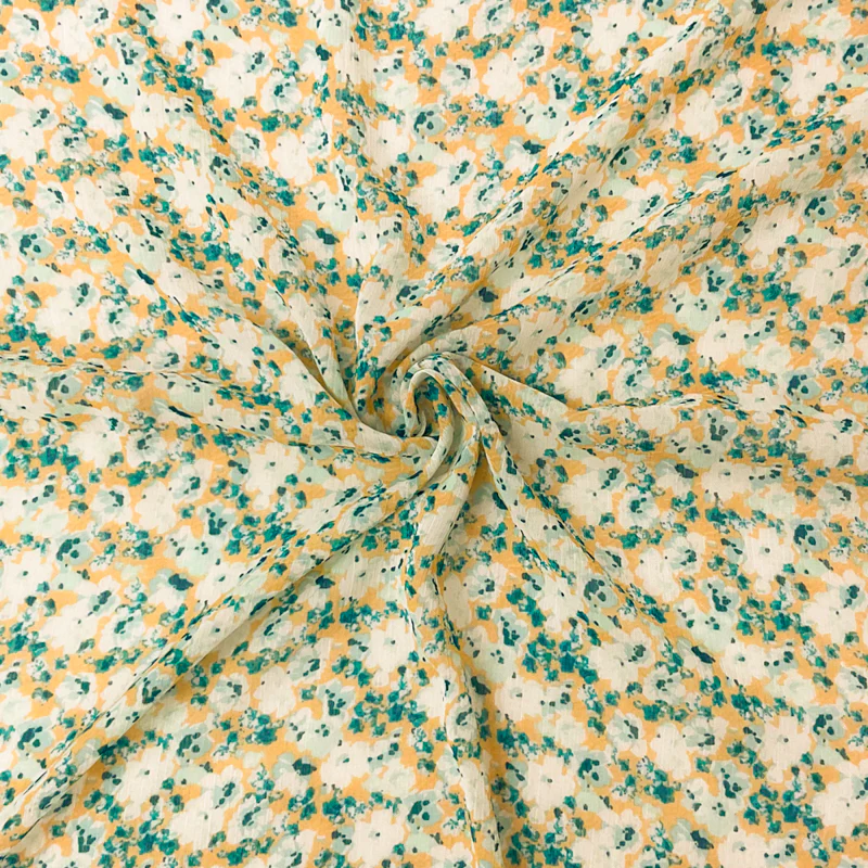 Teal-Multi Poly Floral Printed Crinkle Yoryu Chiffon Woven Fabric