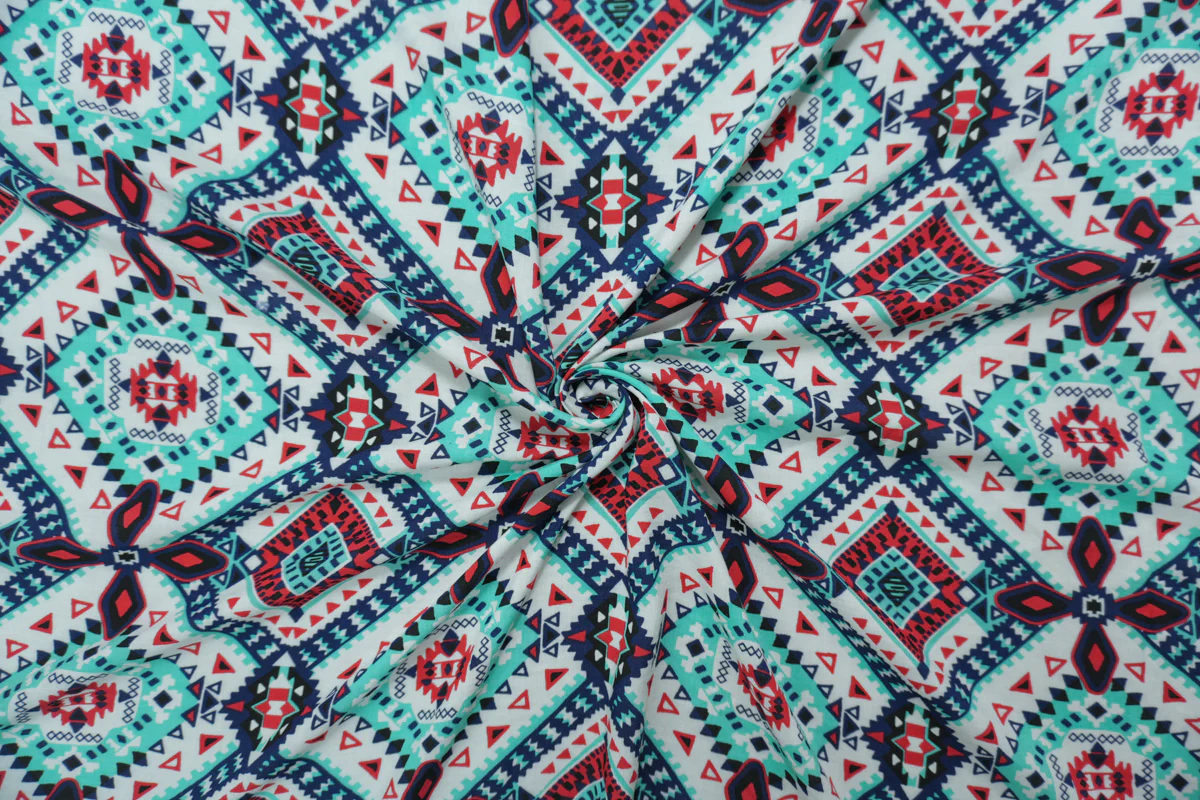 Teal-Red-Multi Rayon Aztec Printed Voile Woven Fabric - Image 4
