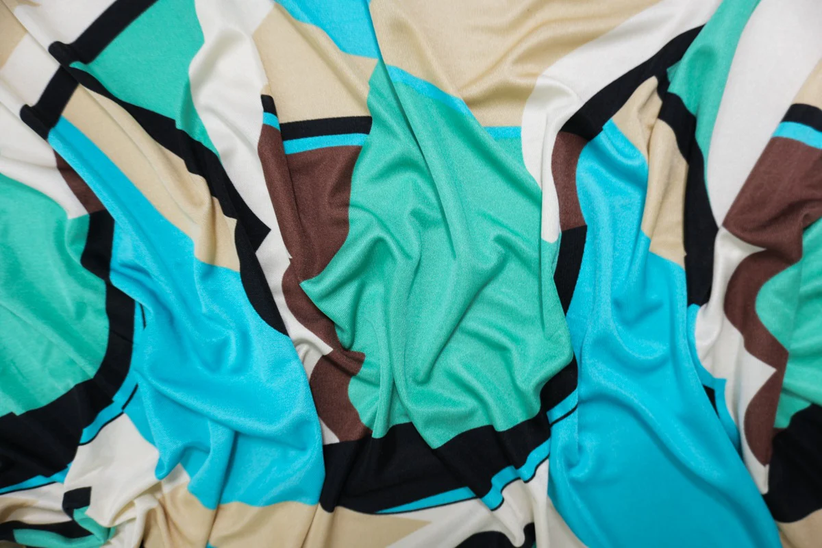 Teal Silk Abstract Printed Interlock Knit Fabric - Image 4