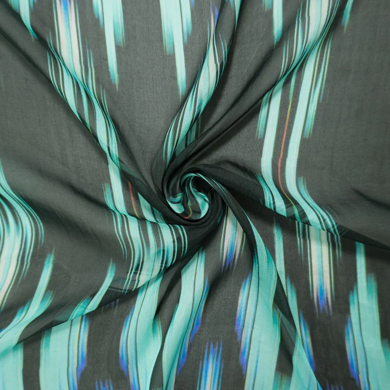 Teal Silk Abtract Ikat Printed Chiffon Woven Fabric