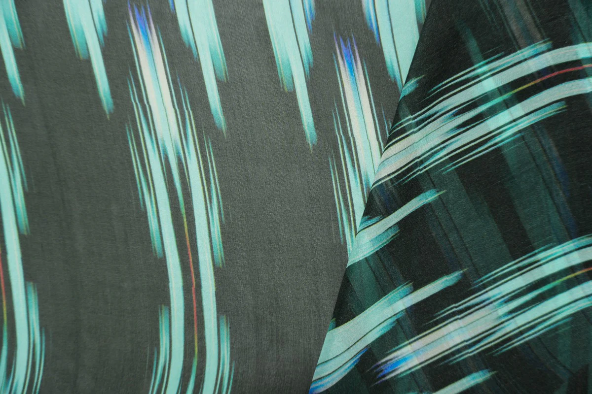 Teal Silk Abtract Ikat Printed Chiffon Woven Fabric - Image 2