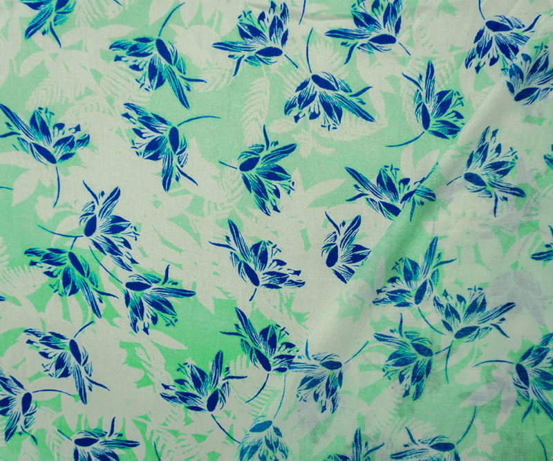 Teal-White-Blue Rayon Floral Printed Crepe Woven Fabric - Image 2