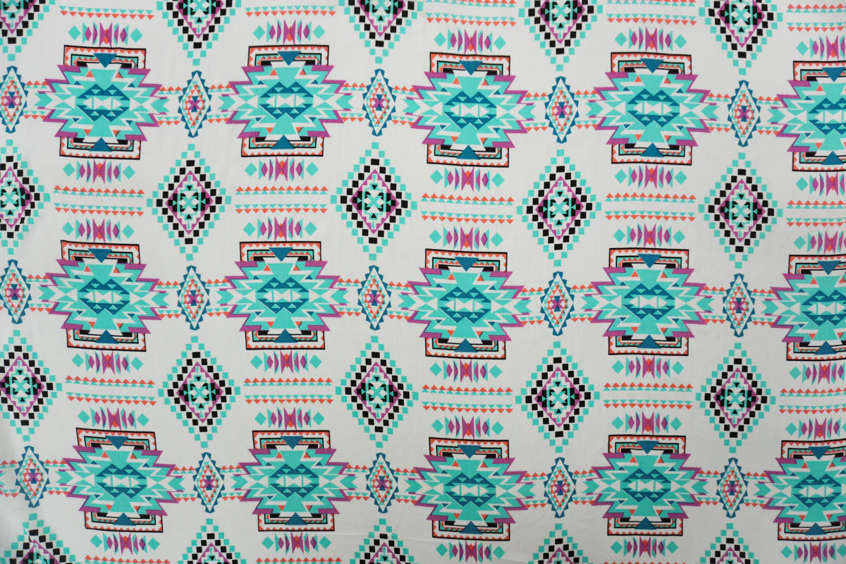Teal-White-Multi Rayon Aztec Printed Voile Woven Fabric - Image 3