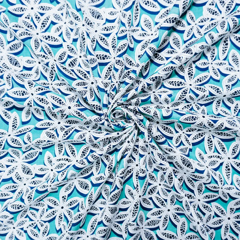 Teal-White-Multi Rayon Floral Printed Voile Woven Fabric
