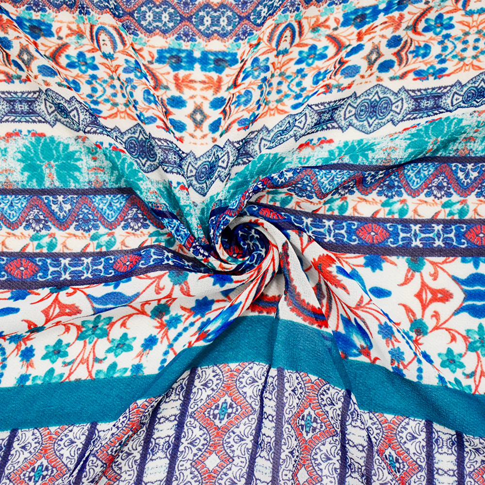 Tuquoise-Orange-Multi Multi Pattern Printed Chiffon Woven Fabric