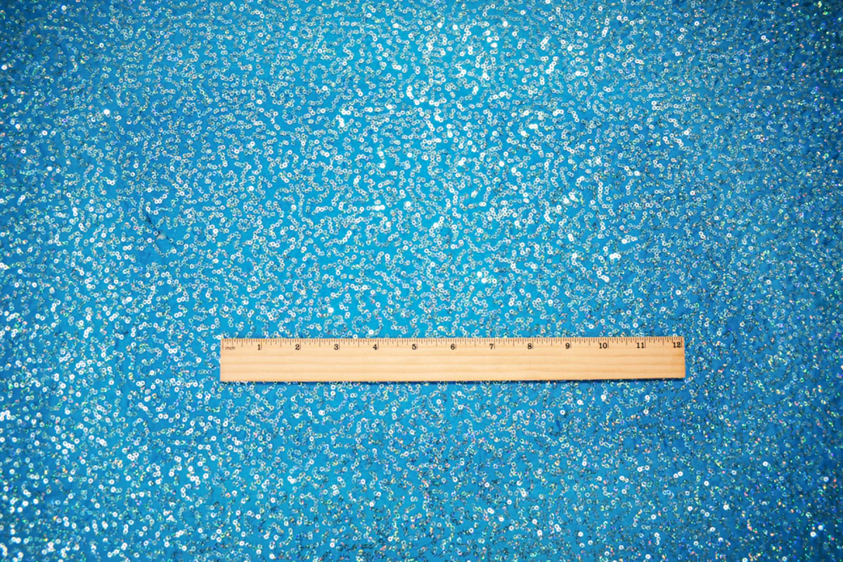 Turquoise-Blue Coral Sequin Pattern Stretch Spandex Knit Fabric - Image 4