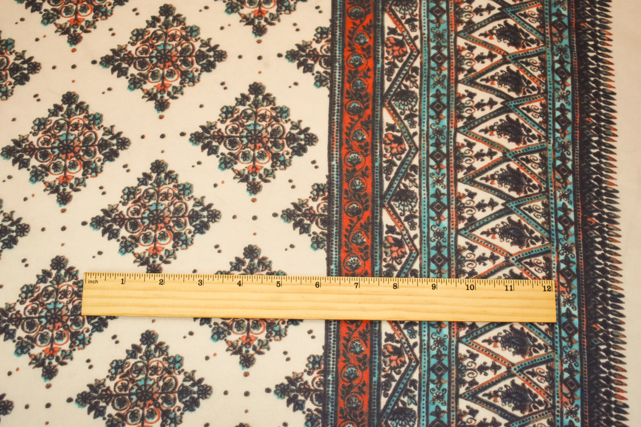 Turquoise-Coral-Multi Poly Bordered Crest Printed Chiffon Woven Fabric - Image 2