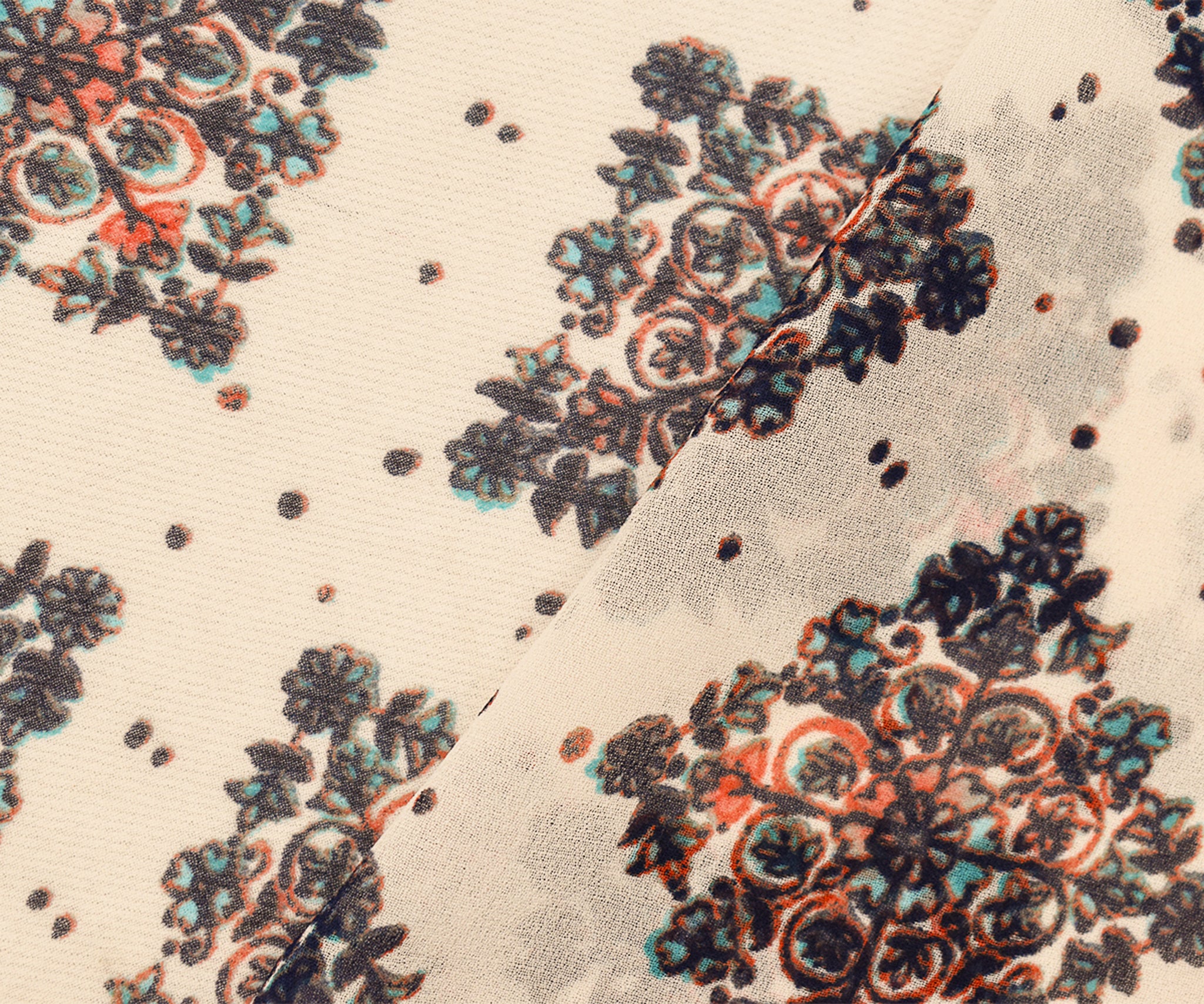 Turquoise-Coral-Multi Poly Bordered Crest Printed Chiffon Woven Fabric - Image 3