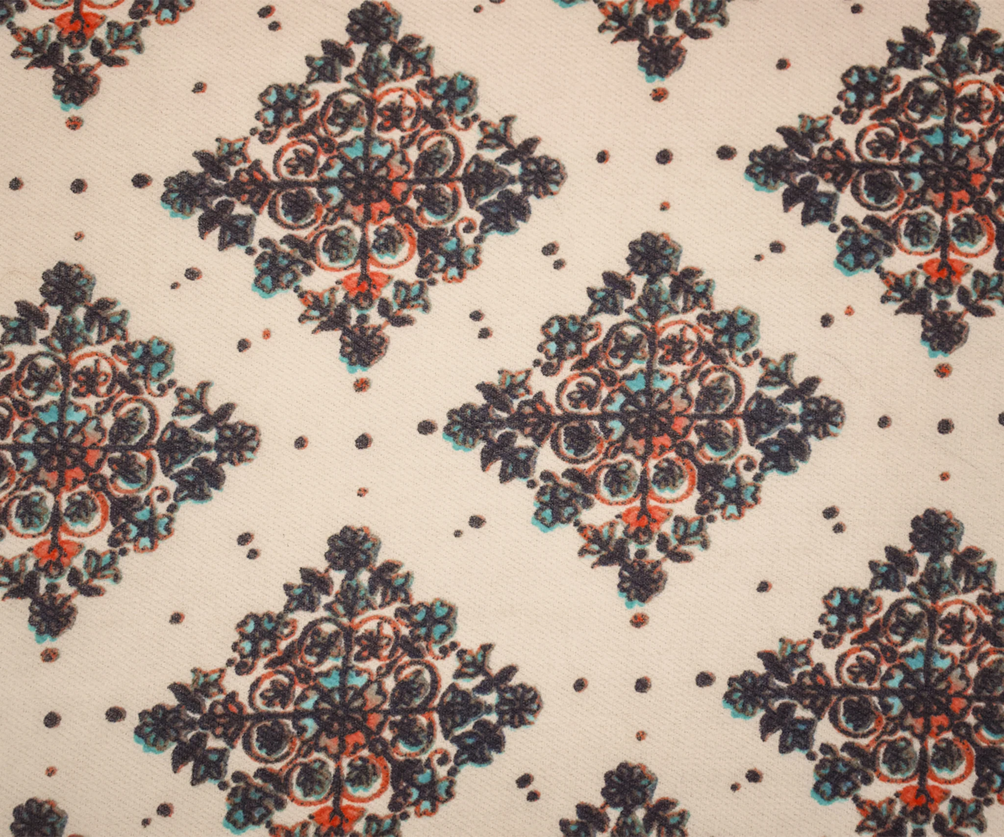 Turquoise-Coral-Multi Poly Bordered Crest Printed Chiffon Woven Fabric - Image 4