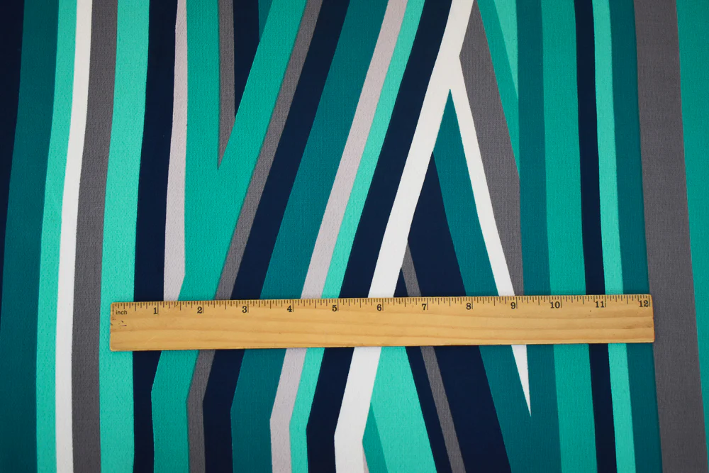 Turquoise-Multi Abstract Geometric Stripe Printed Pebble Georgette Fabric - Image 5