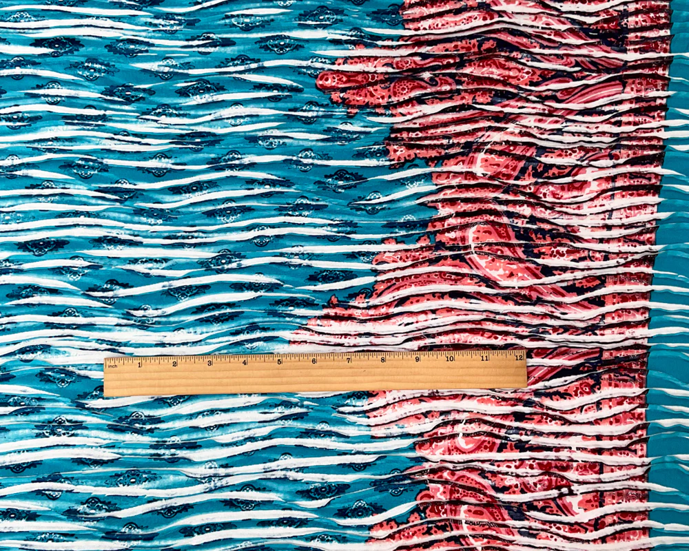 Turquoise-Multi Poly Baroque Border Printed Knife Pleat Knit Fabric - Image 4