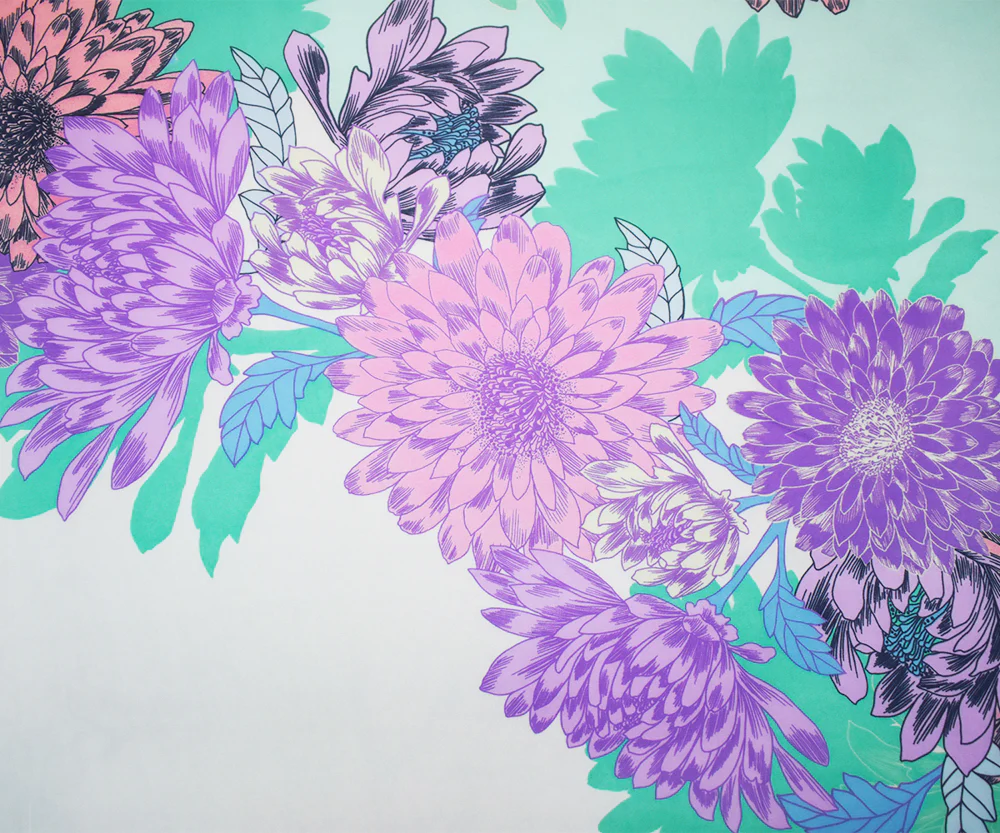 Turquoise-Pink-Multi Poly Floral Printed Chiffon Woven Fabric - Image 2