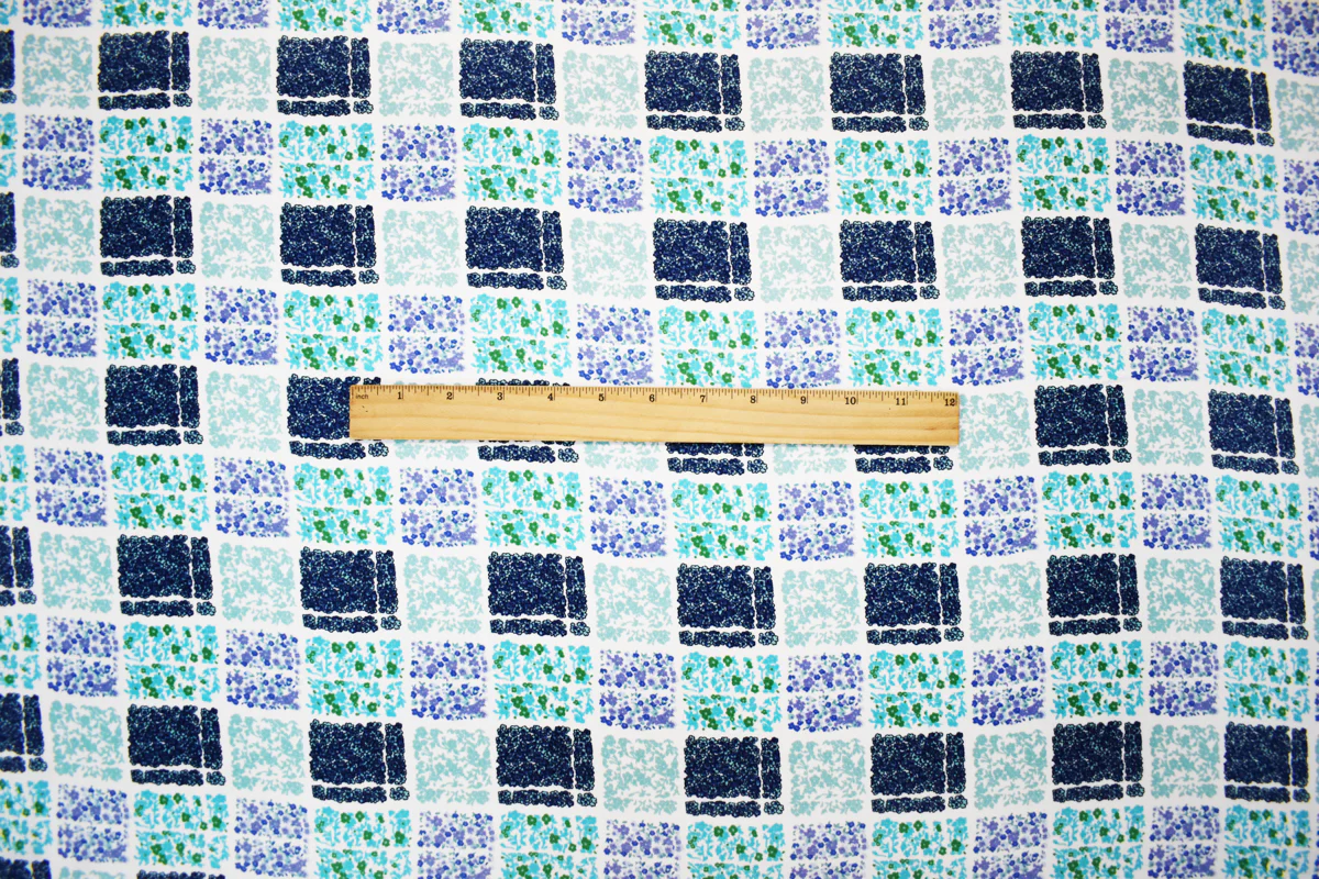 Turquoise Poly Check Floral Plaid Printed Moss Crepe Woven Fabric - Image 4