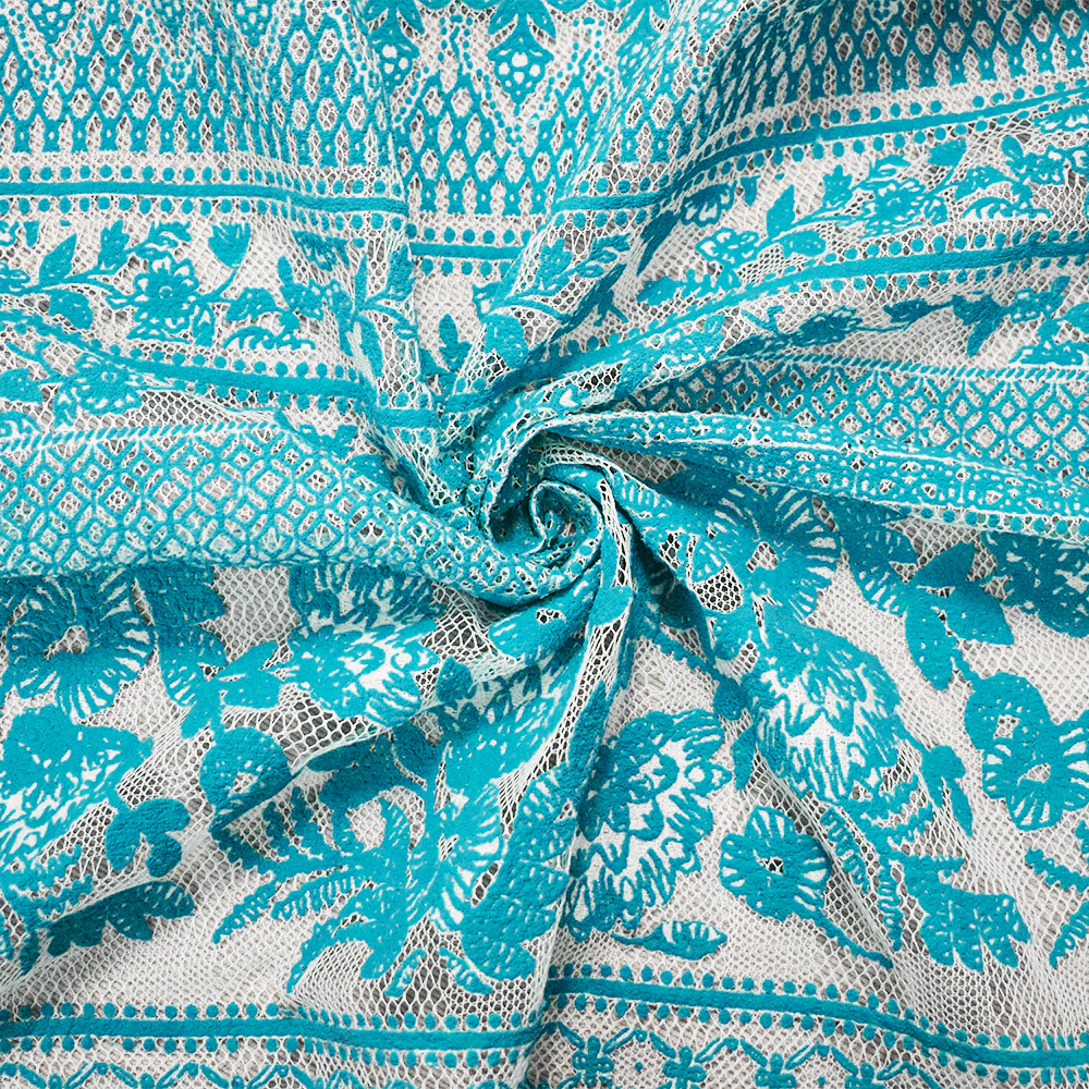 Turquoise-White Nylon Floral Multi Stripe Printed Mesh Lace Knit Fabric