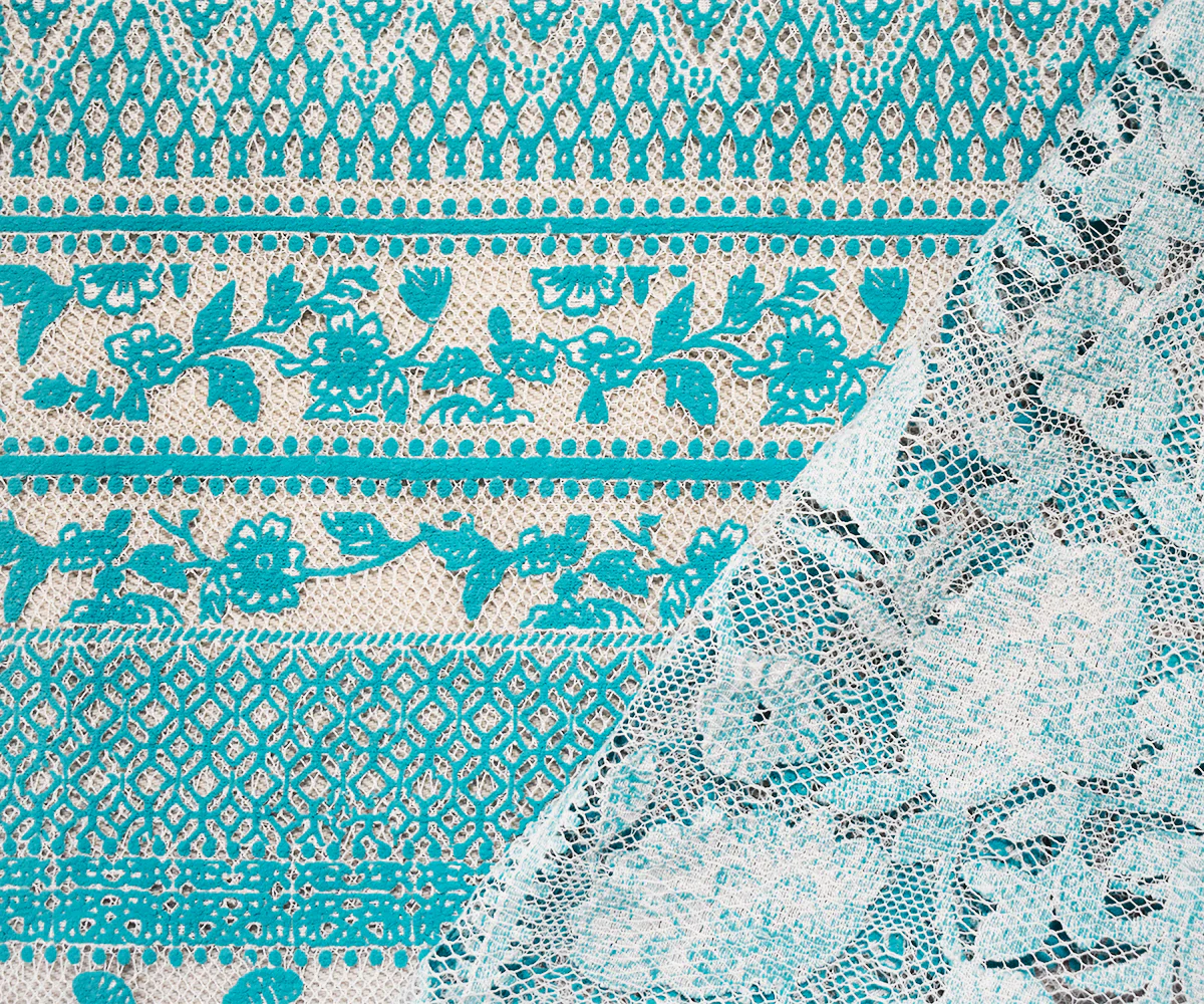 Turquoise-White Nylon Floral Multi Stripe Printed Mesh Lace Knit Fabric - Image 2