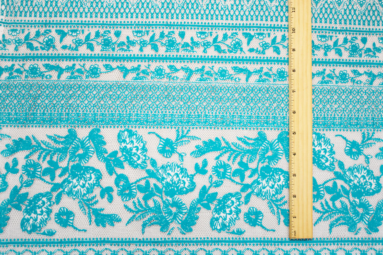 Turquoise-White Nylon Floral Multi Stripe Printed Mesh Lace Knit Fabric - Image 4