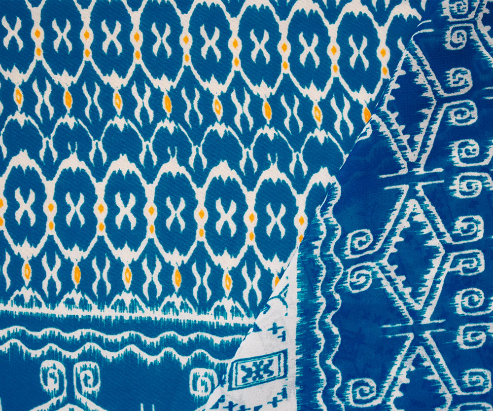 Turquoise-White-Yellow Poly Aztec Striped Printed Chiffon Woven Fabric - Image 2