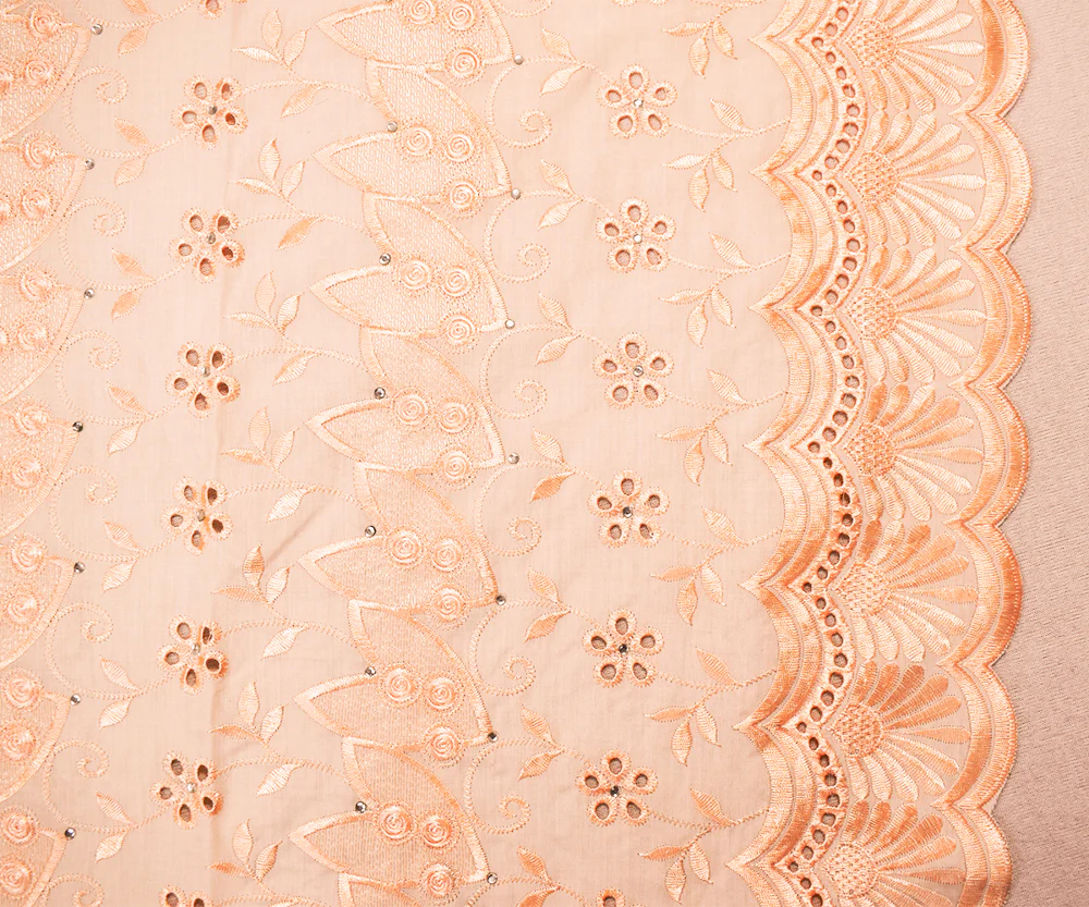 Warm Beige Poly-Cotton Floral Vine Eyelet Scalloped Rhinestone Woven Fabric - Image 3