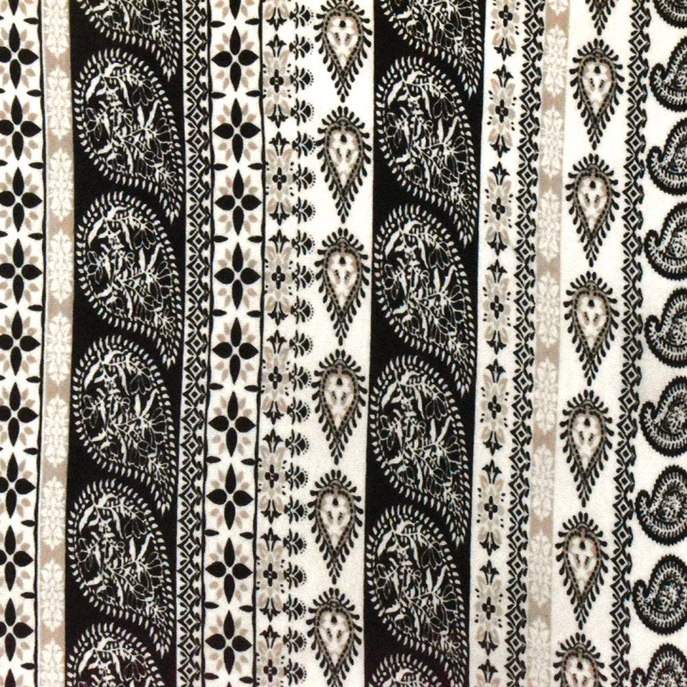 White-Black-Beige Paisley Stripe Printed Rayon Stretch Jersey Knit Fabric