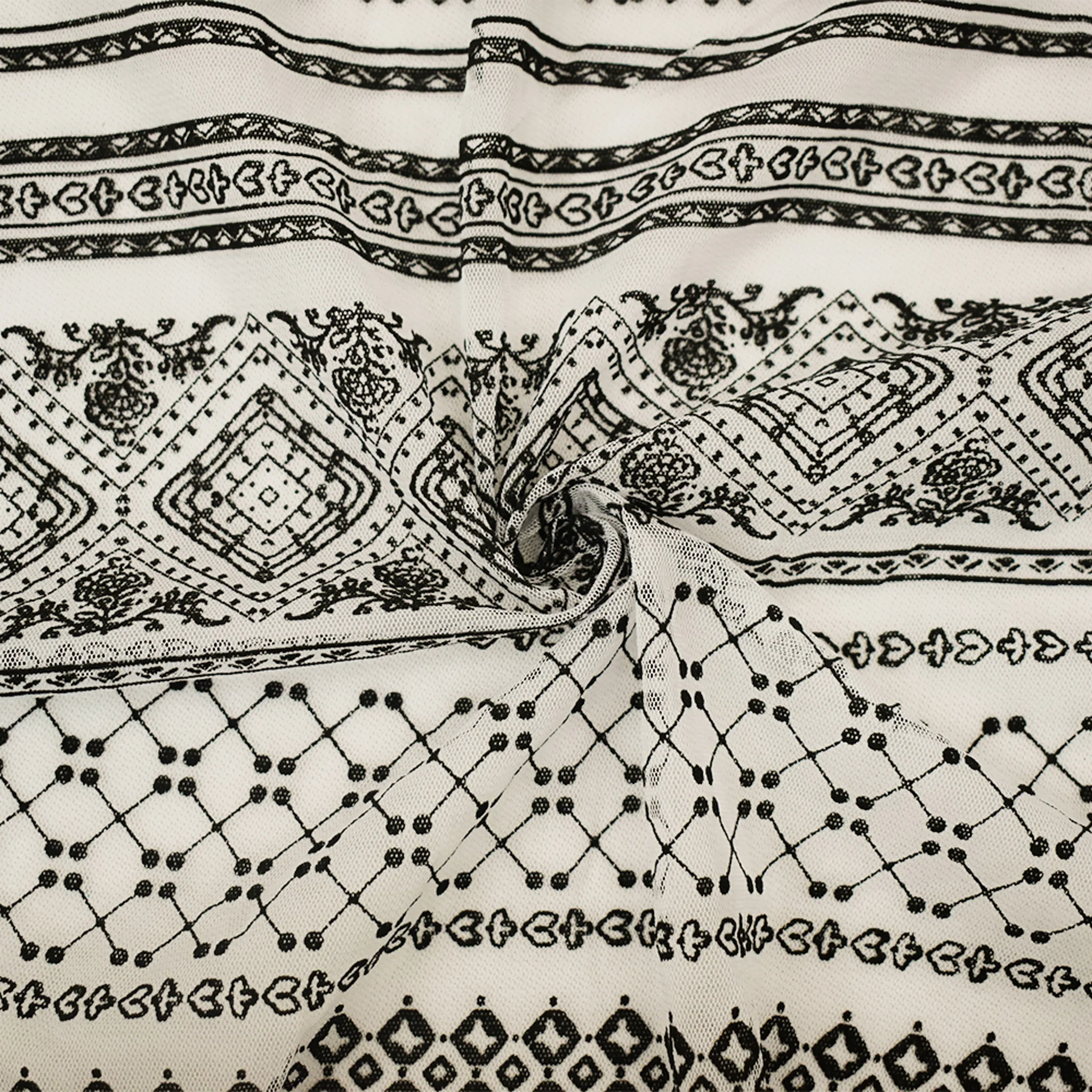White-Black Nylon Diamond Multi Printed Tulle Mesh Knit Fabric