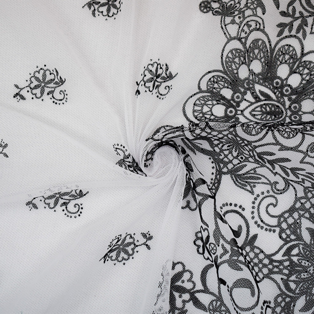 White-Black Nylon Floral Border Printed Mesh Tulle Knit Fabric