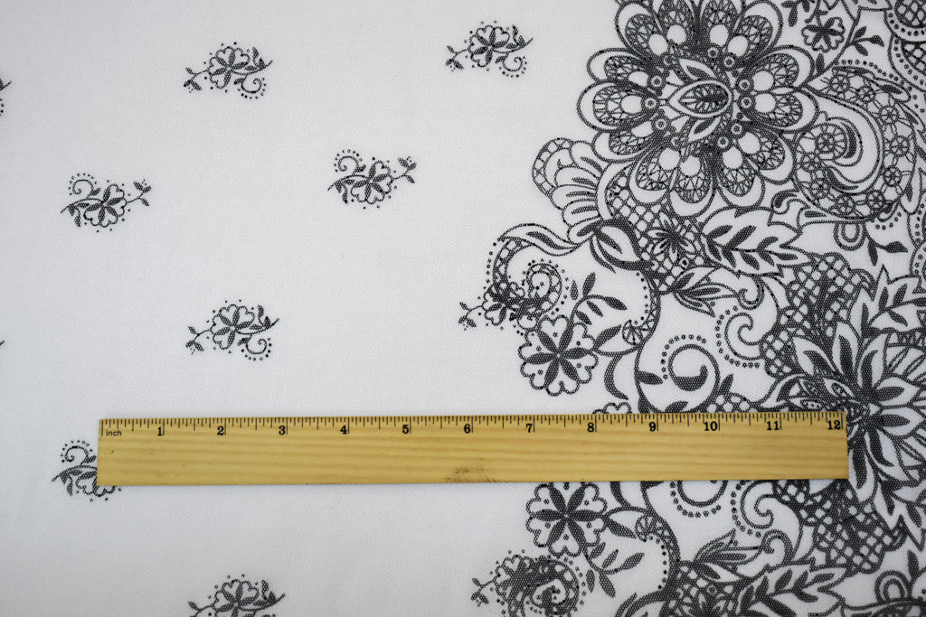 White-Black Nylon Floral Border Printed Mesh Tulle Knit Fabric - Image 4