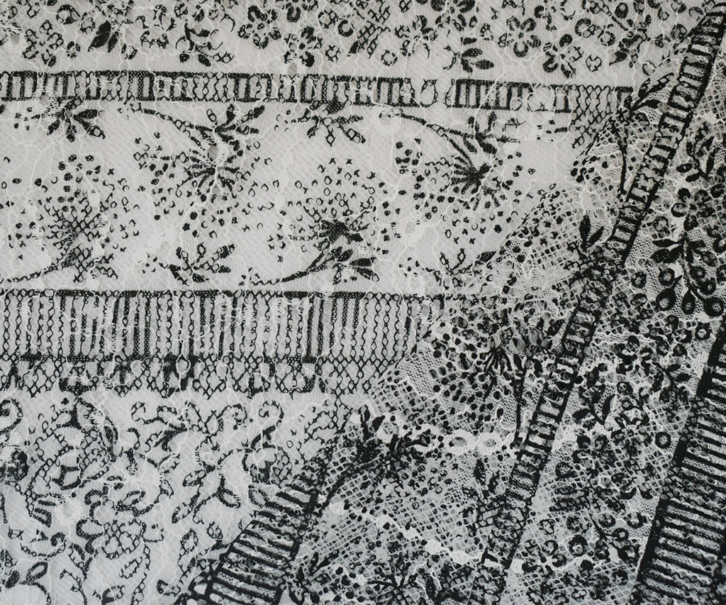 White-Black Nylon RAYON Floral Stripe Printed Lace Mesh Knit Fabric - Image 2