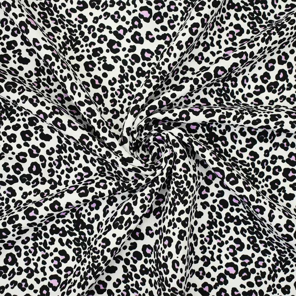 White-Black-Purple Polyester Leopard Printed Crepe Faille Woven Fabric