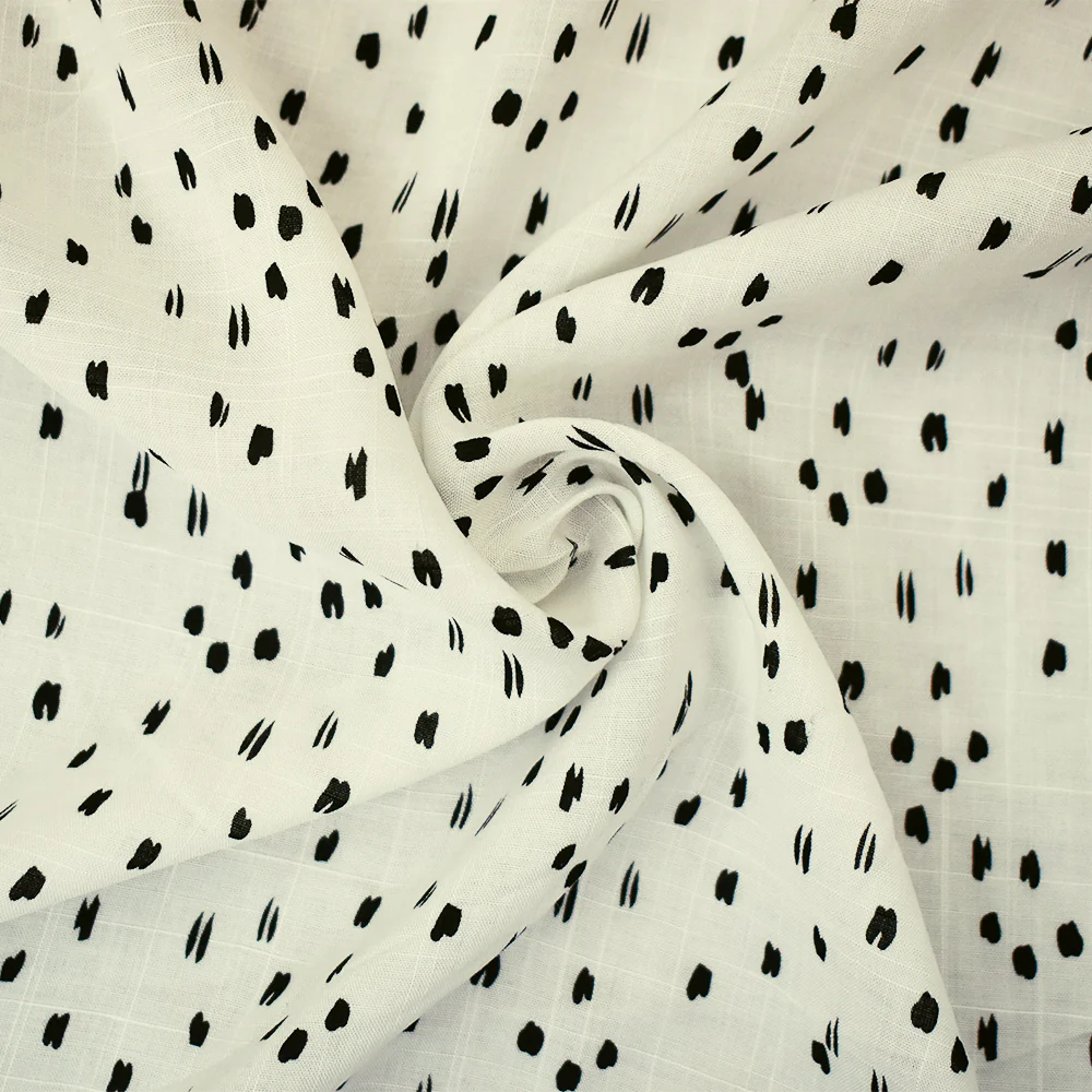 White-Black Rayon Abstract Spots Semi-Sheer Printed Slub Woven Fabric